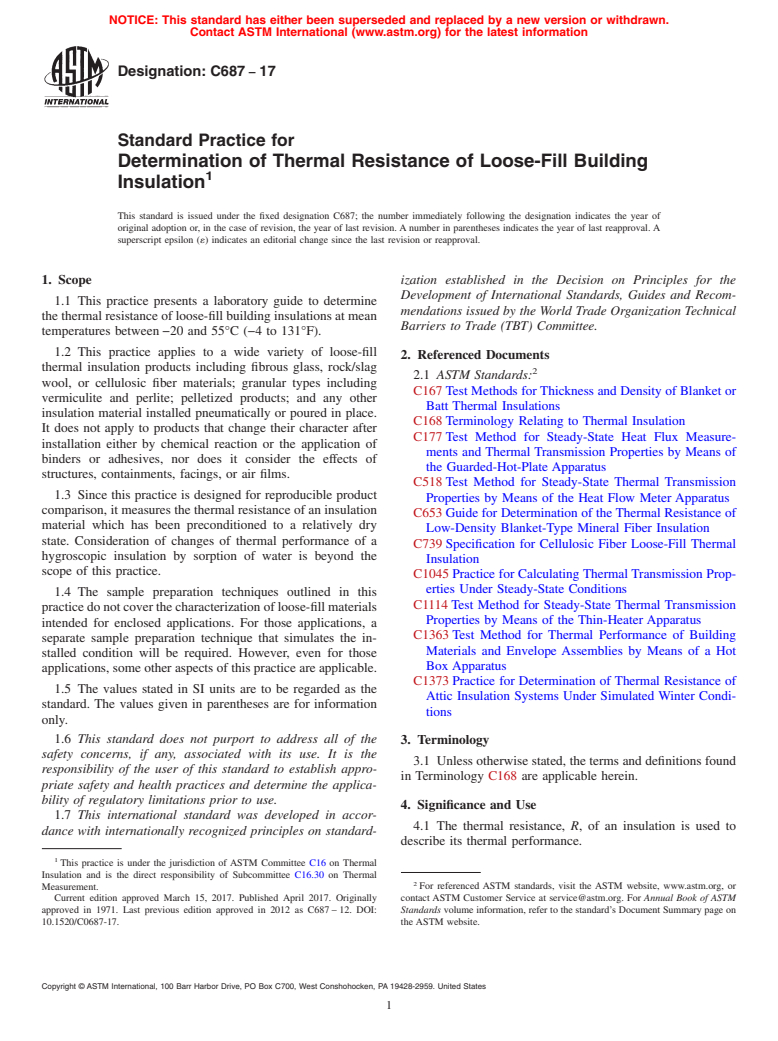 ASTM C687-17 - Standard Practice for Determination of Thermal Resistance of Loose-Fill Building  Insulation