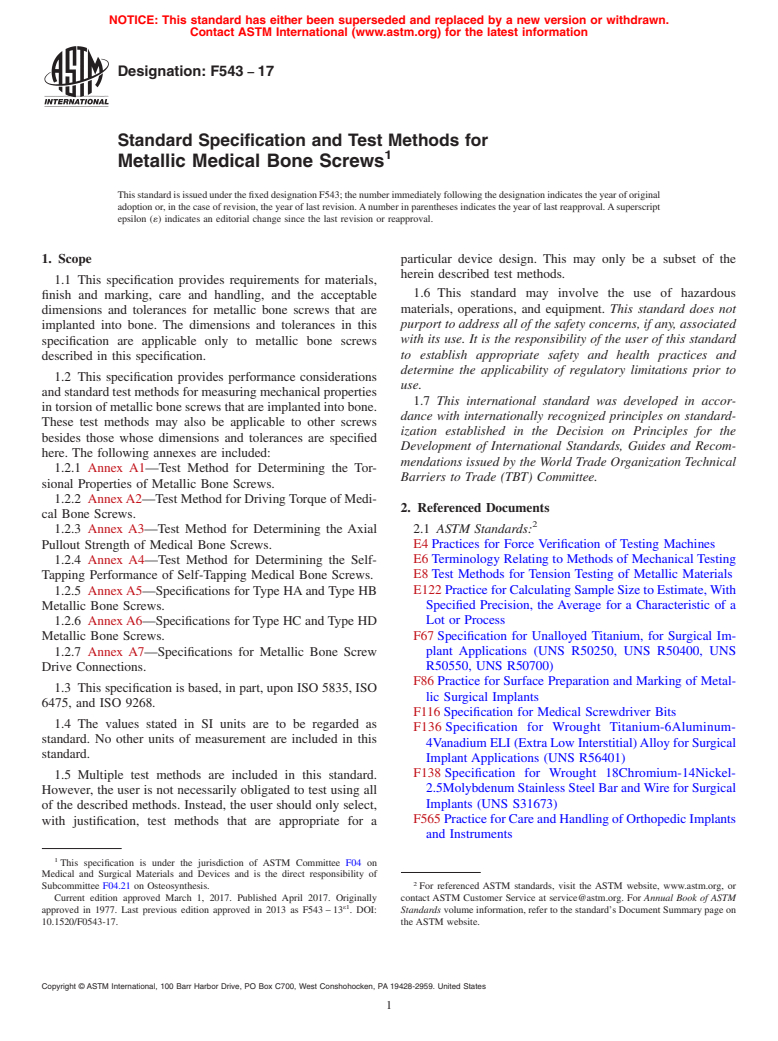 ASTM F543-17 - Standard Specification and Test Methods for  Metallic Medical Bone Screws