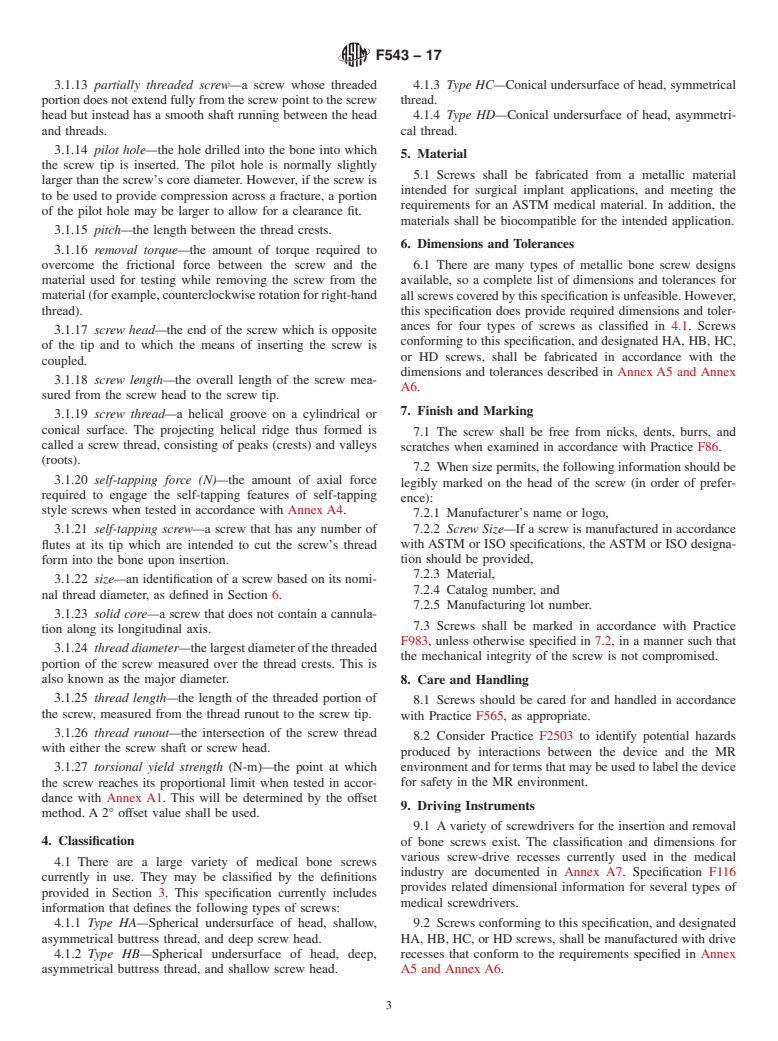 ASTM F543-17 - Standard Specification and Test Methods for  Metallic Medical Bone Screws