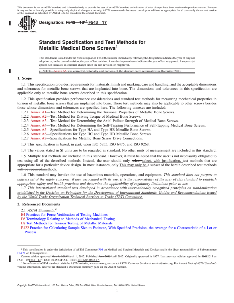 REDLINE ASTM F543-17 - Standard Specification and Test Methods for  Metallic Medical Bone Screws