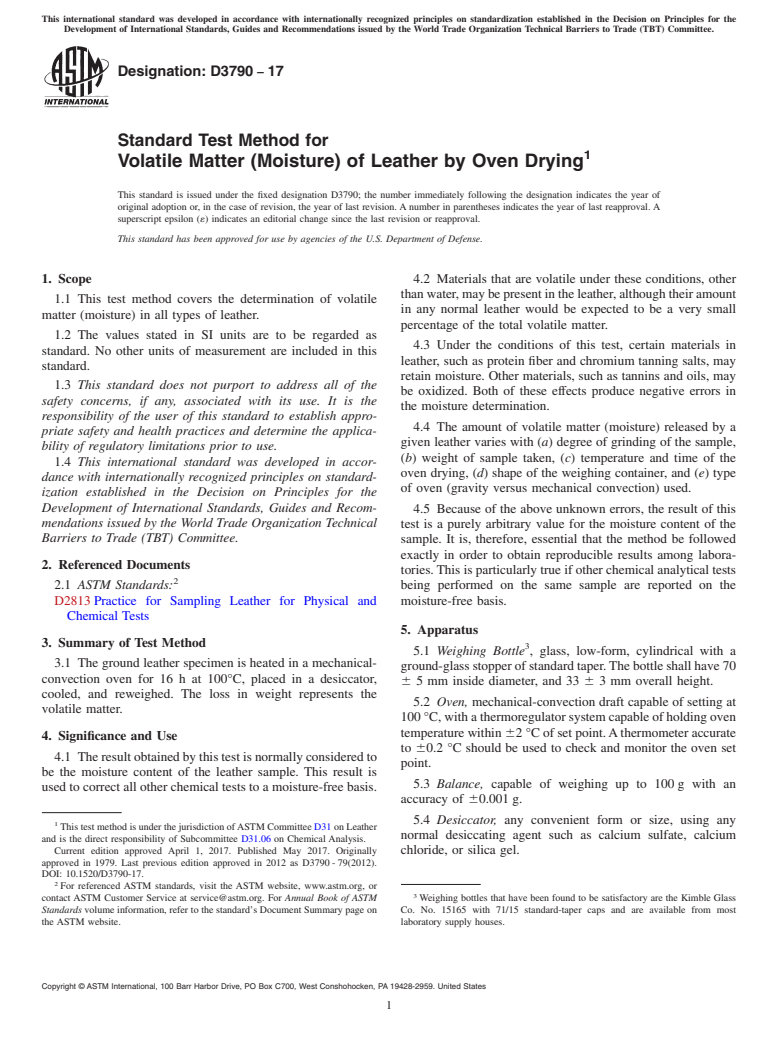 ASTM D3790-17 - Standard Test Method for  Volatile Matter (Moisture) of Leather by Oven Drying