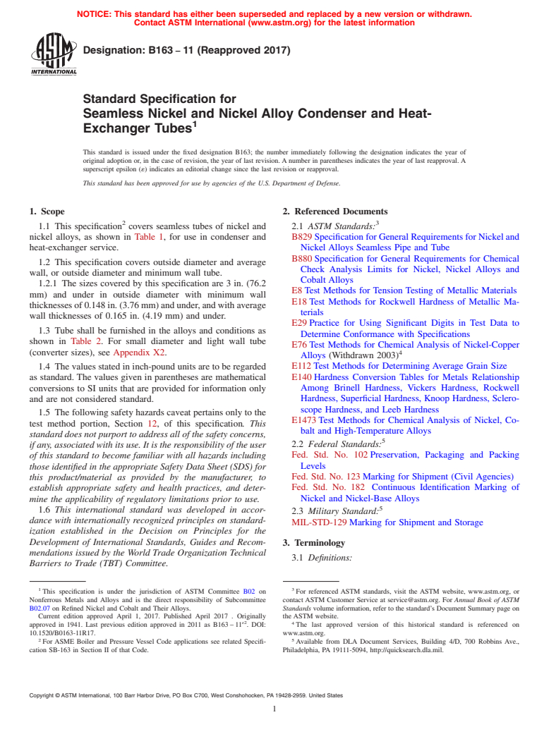 ASTM B163-11(2017) - Standard Specification for Seamless Nickel and Nickel Alloy Condenser and Heat-Exchanger  Tubes