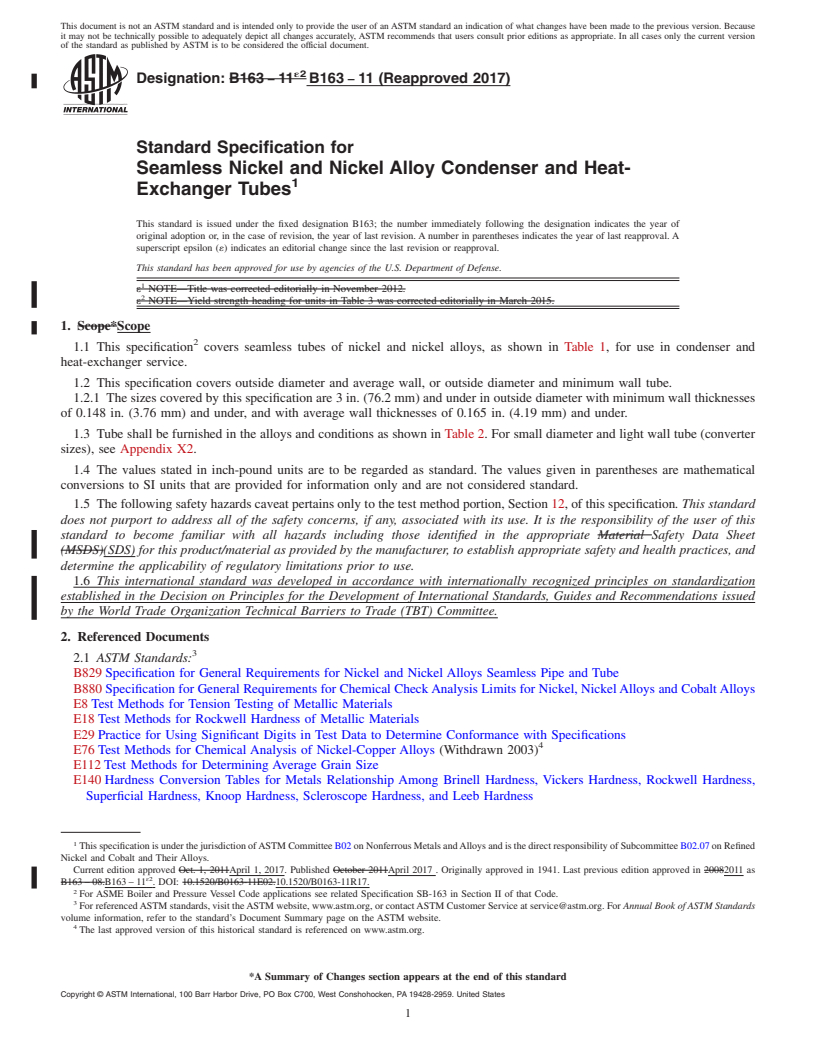 REDLINE ASTM B163-11(2017) - Standard Specification for Seamless Nickel and Nickel Alloy Condenser and Heat-Exchanger  Tubes