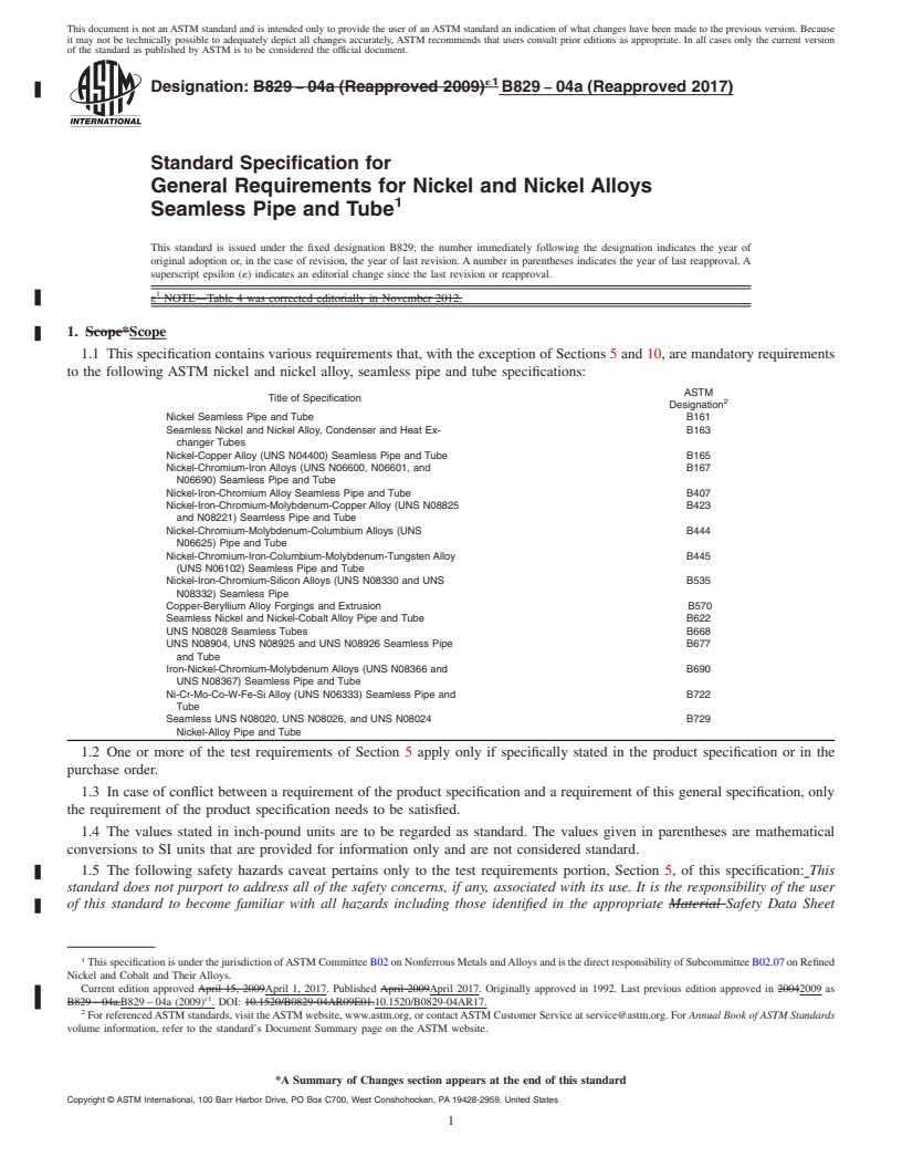 REDLINE ASTM B829-04a(2017) - Standard Specification for General Requirements for Nickel and Nickel Alloys Seamless  Pipe and      Tube