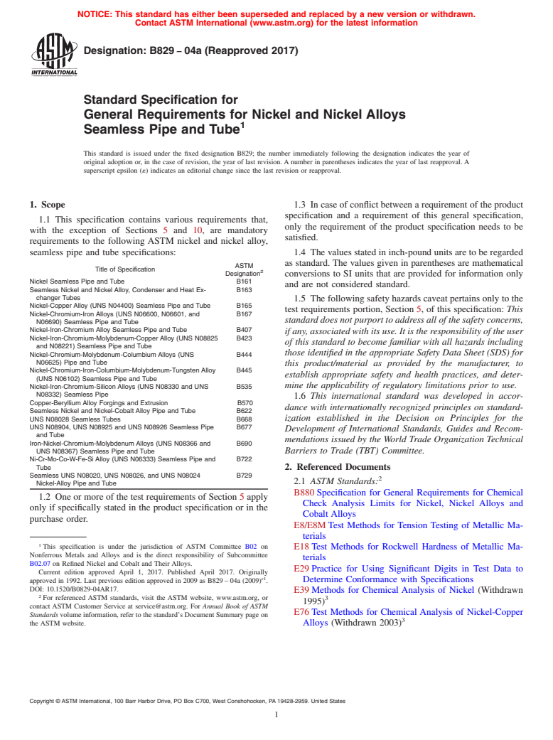 ASTM B829-04a(2017) - Standard Specification for General Requirements for Nickel and Nickel Alloys Seamless  Pipe and      Tube