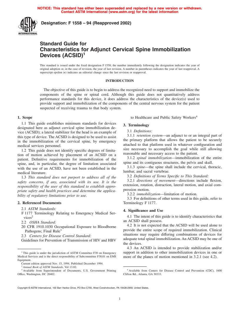 ASTM F1558-94(2002) - Standard Guide for Characteristics for Adjunct Cervical Spine Immobilization Devices (ACSID)