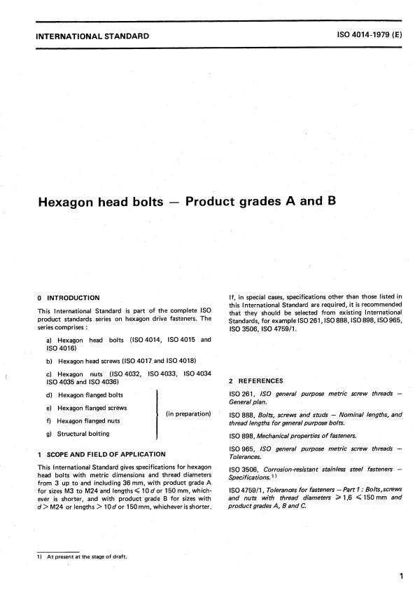ISO 4014:1979 - Hexagon head bolts -- Product grades A and B