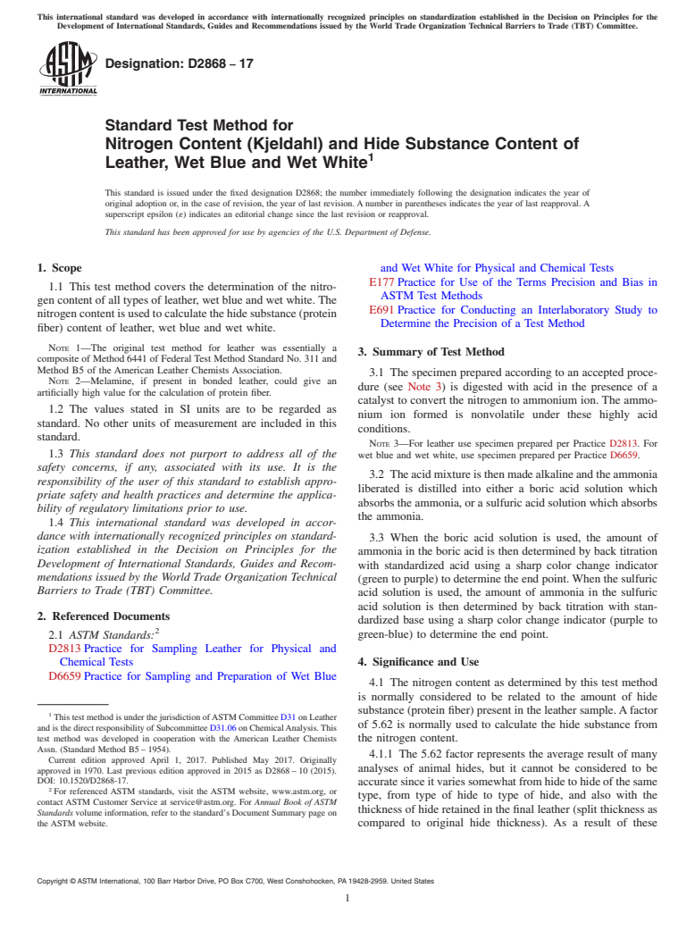 ASTM D2868-17 - Standard Test Method for  Nitrogen Content (Kjeldahl) and Hide Substance Content of Leather,  Wet Blue and Wet White