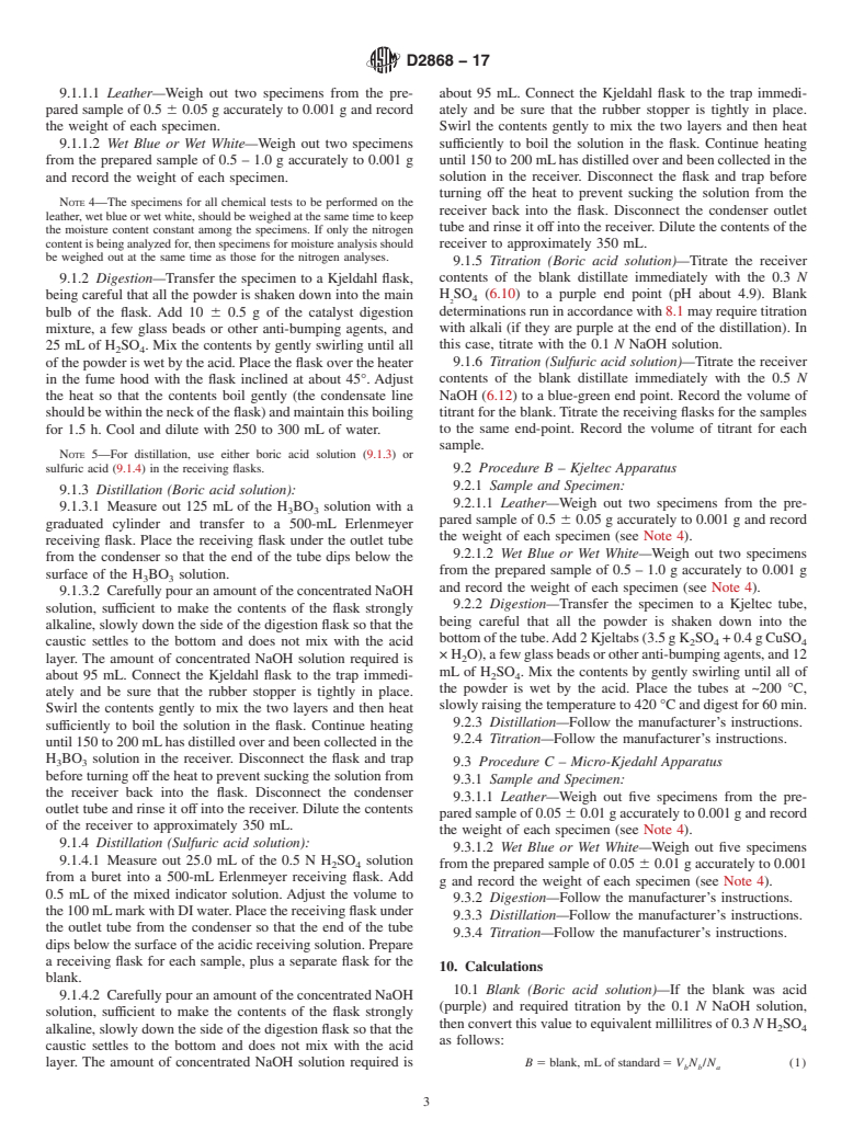 ASTM D2868-17 - Standard Test Method for  Nitrogen Content (Kjeldahl) and Hide Substance Content of Leather,  Wet Blue and Wet White