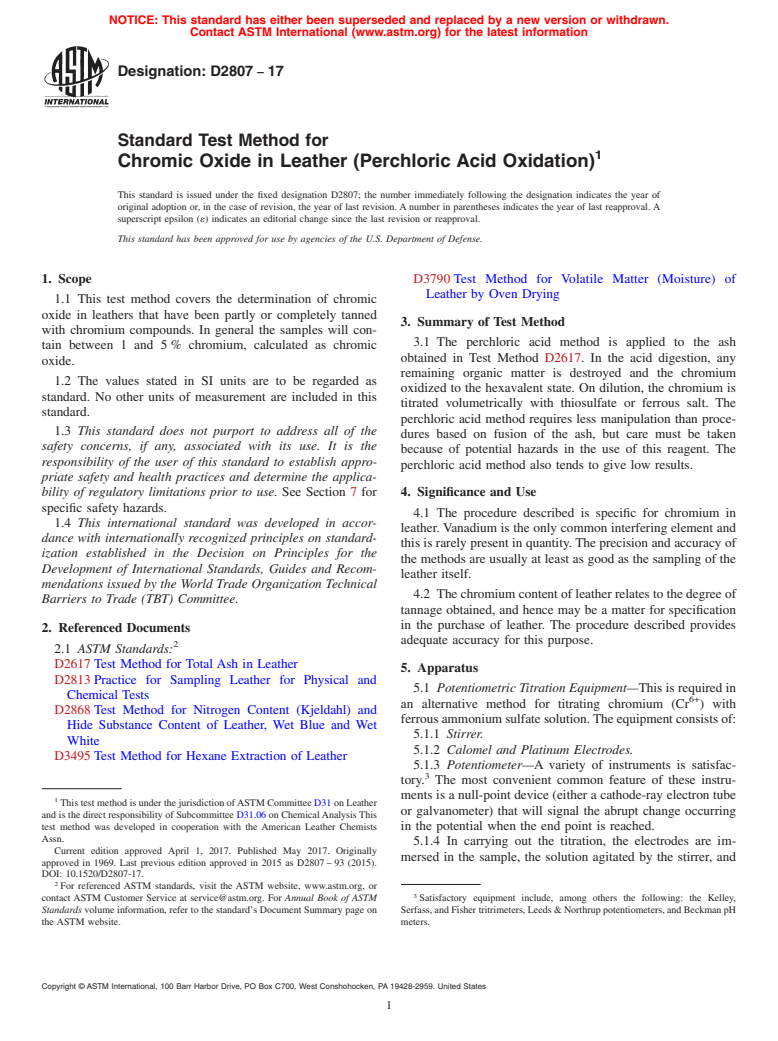 ASTM D2807-17 - Standard Test Method for  Chromic Oxide in Leather (Perchloric Acid Oxidation)