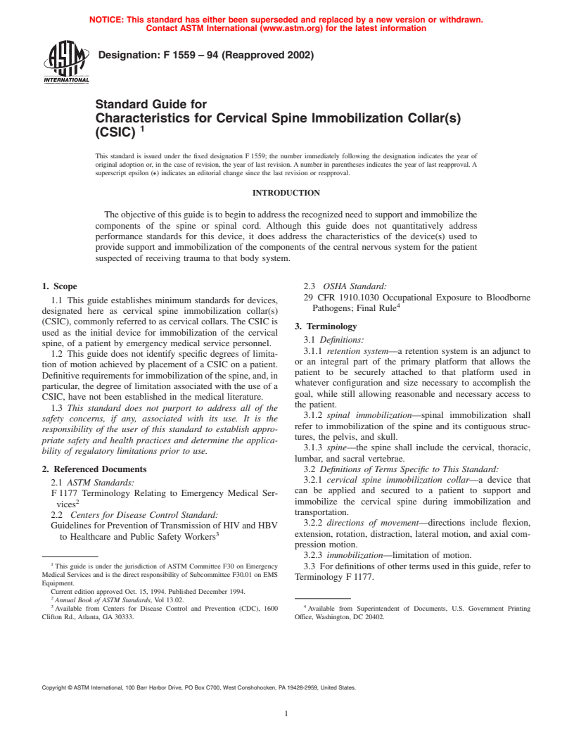 ASTM F1559-94(2002) - Standard Guide for Characteristics for Cervical Spine Immobilization Collar(s) (CSIC)