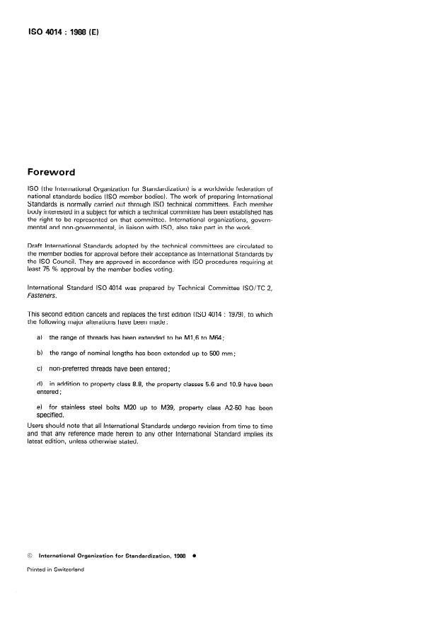 ISO 4014:1988 ISO 4014:1988 - Hexagon head bolts -- Product grades A and B - Page 2 preview