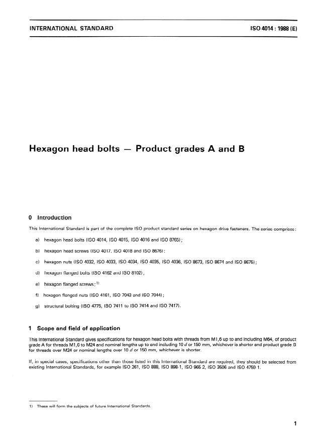 ISO 4014:1988 - Hexagon head bolts -- Product grades A and B
