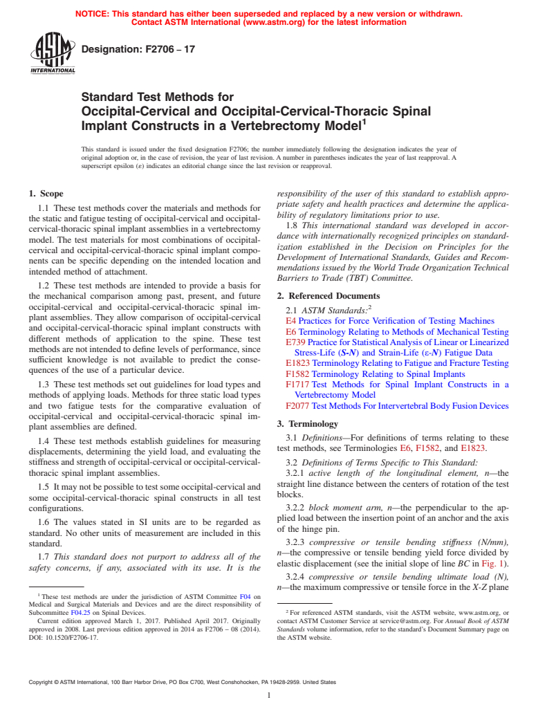 ASTM F2706-17 - Standard Test Methods for Occipital-Cervical and Occipital-Cervical-Thoracic Spinal Implant  Constructs in a Vertebrectomy Model