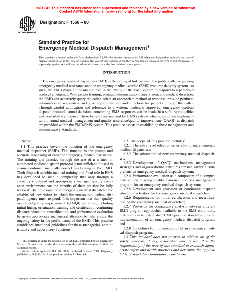 ASTM F1560-00 - Standard Practice for Emergency Medical Dispatch Management