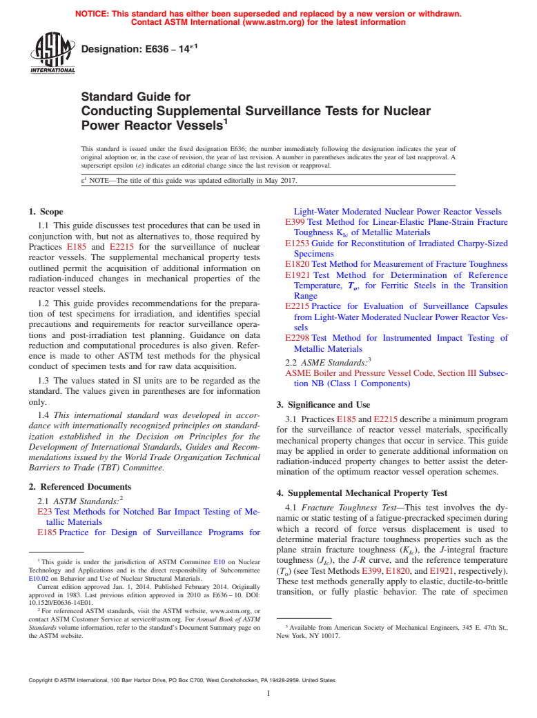 ASTM E636-14e1 - Standard Guide for  Conducting Supplemental Surveillance Tests for Nuclear Power Reactor Vessels