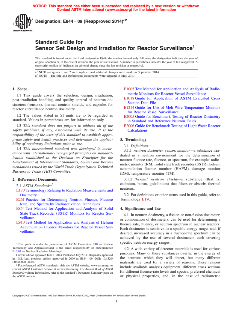 ASTM E844-09(2014)e2 - Standard Guide for  Sensor Set Design and Irradiation for Reactor Surveillance