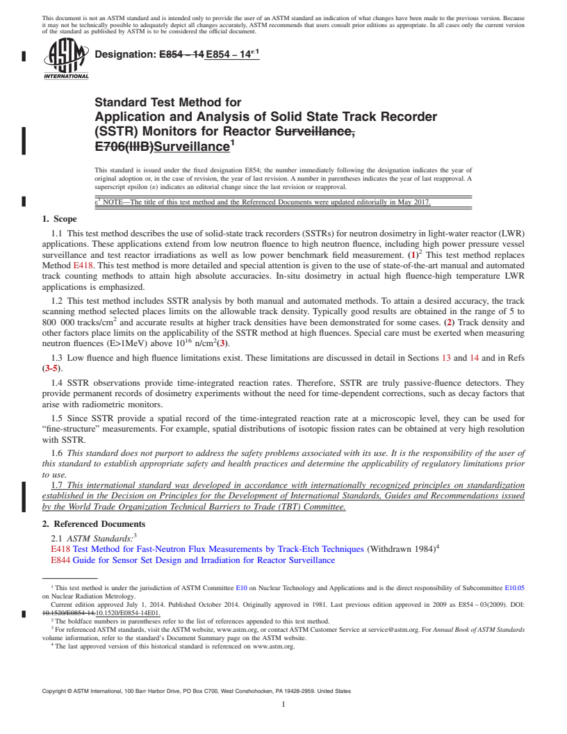 REDLINE ASTM E854-14e1 - Standard Test Method for  Application and Analysis of Solid State Track Recorder (SSTR)  Monitors for Reactor Surveillance