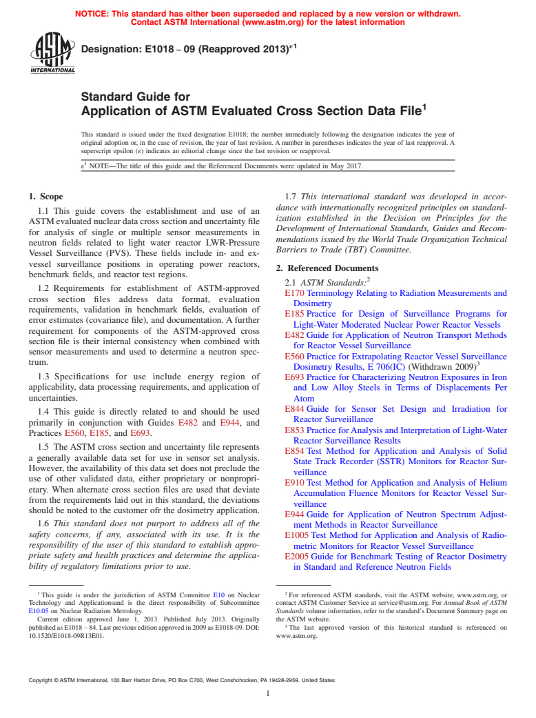 ASTM E1018-09(2013)e1 - Standard Guide for  Application of ASTM Evaluated Cross Section Data File