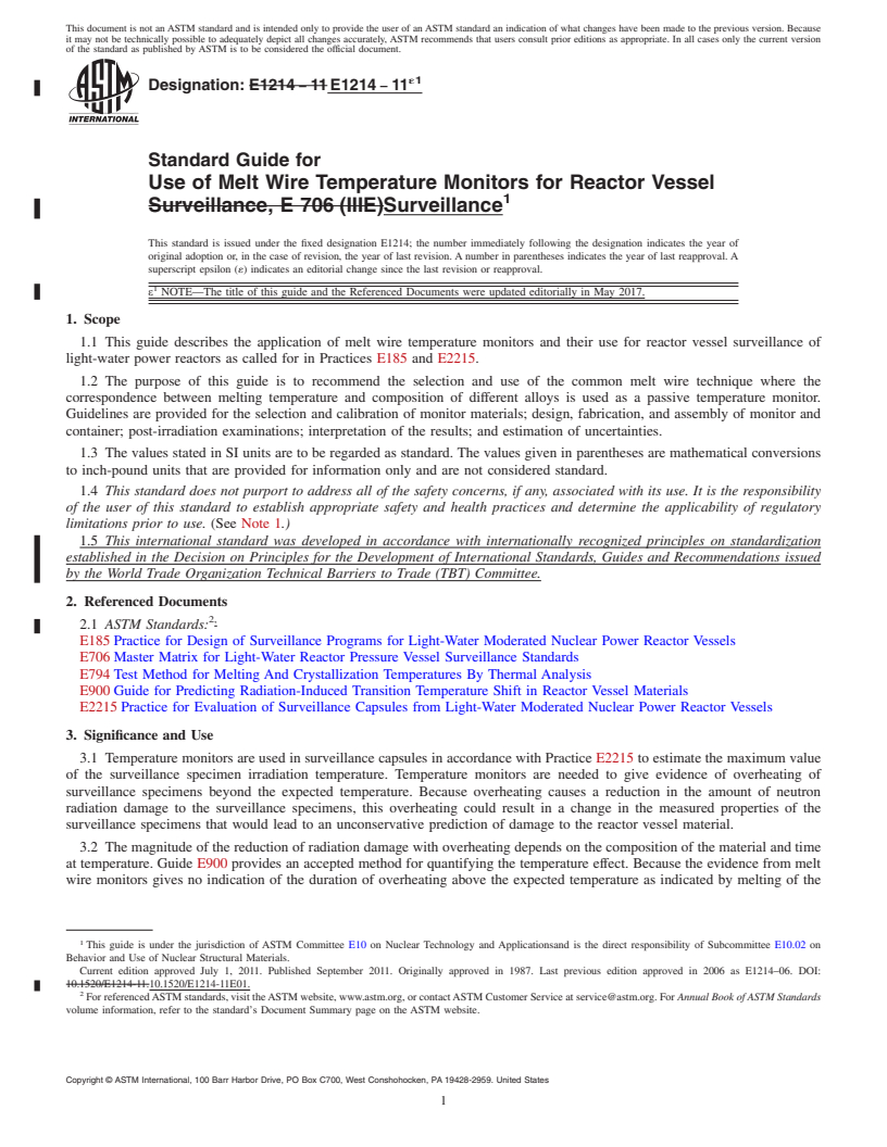 REDLINE ASTM E1214-11e1 - Standard Guide for  Use of Melt Wire Temperature Monitors for Reactor Vessel Surveillance