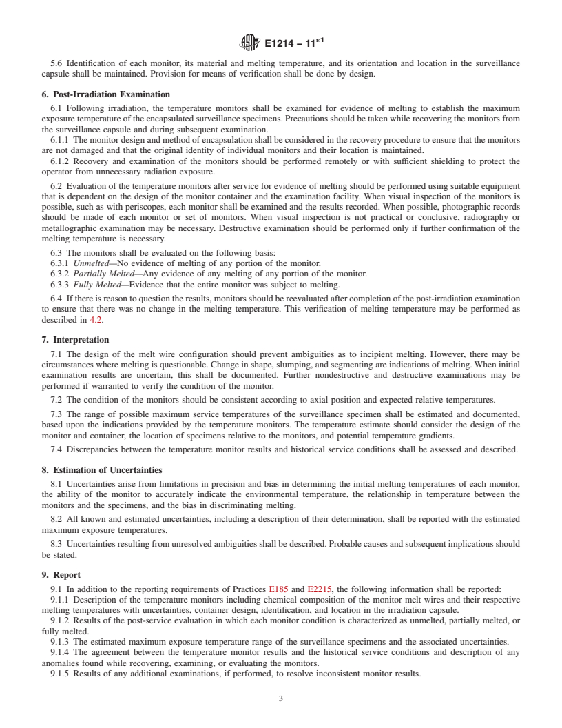 REDLINE ASTM E1214-11e1 - Standard Guide for  Use of Melt Wire Temperature Monitors for Reactor Vessel Surveillance