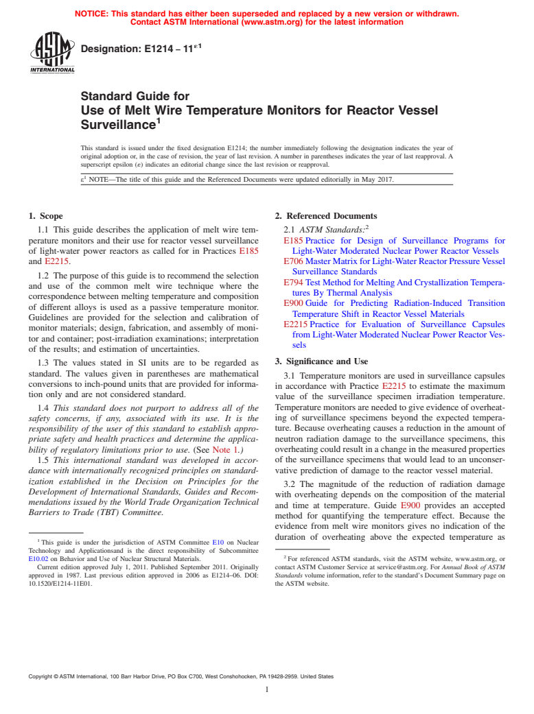 ASTM E1214-11e1 - Standard Guide for  Use of Melt Wire Temperature Monitors for Reactor Vessel Surveillance