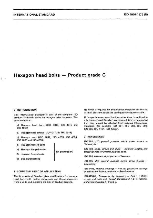 ISO 4016:1979 - Hexagon head bolts -- Product grade C