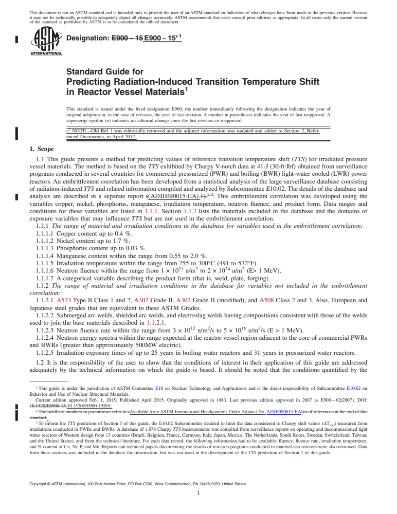 REDLINE ASTM E900-15e1 - Standard Guide for  Predicting Radiation-Induced Transition Temperature Shift in  Reactor Vessel Materials