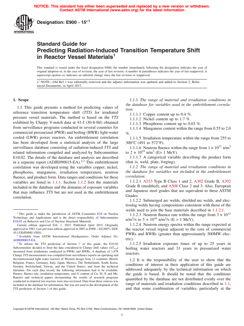 ASTM E900-15e1 - Standard Guide for  Predicting Radiation-Induced Transition Temperature Shift in  Reactor Vessel Materials