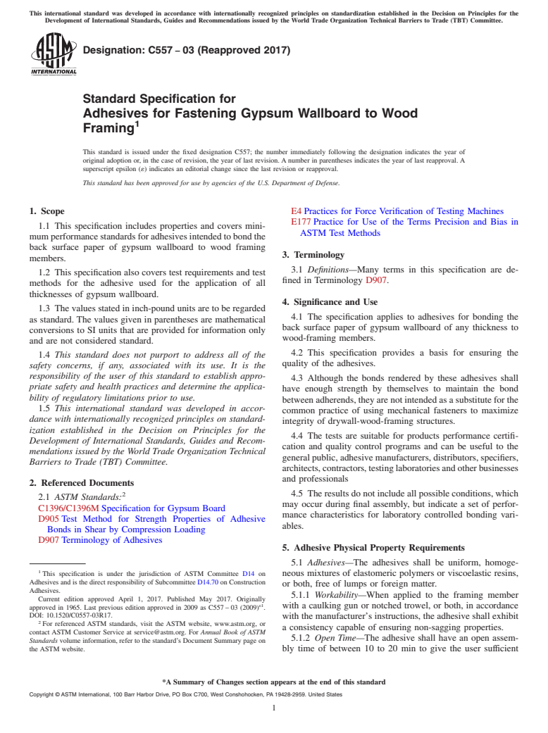 ASTM C557-03(2017) - Standard Specification for Adhesives for Fastening Gypsum Wallboard to Wood Framing