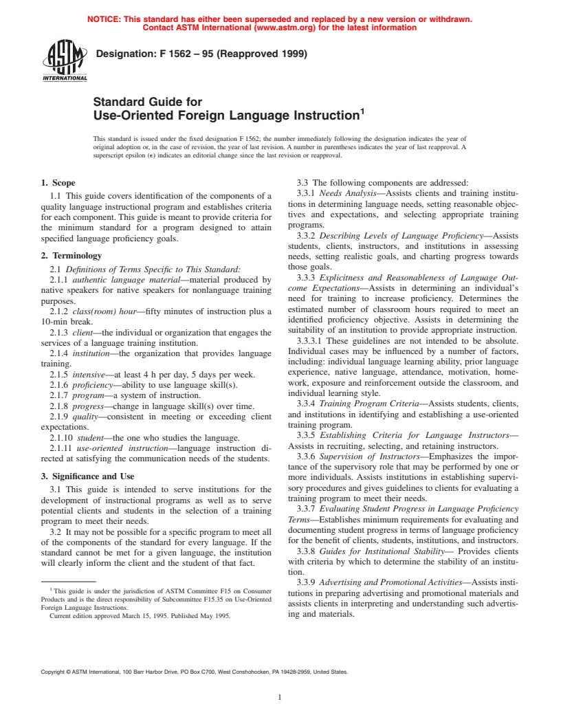 ASTM F1562-95(1999) - Standard Guide for Use-Oriented Foreign Language Instruction