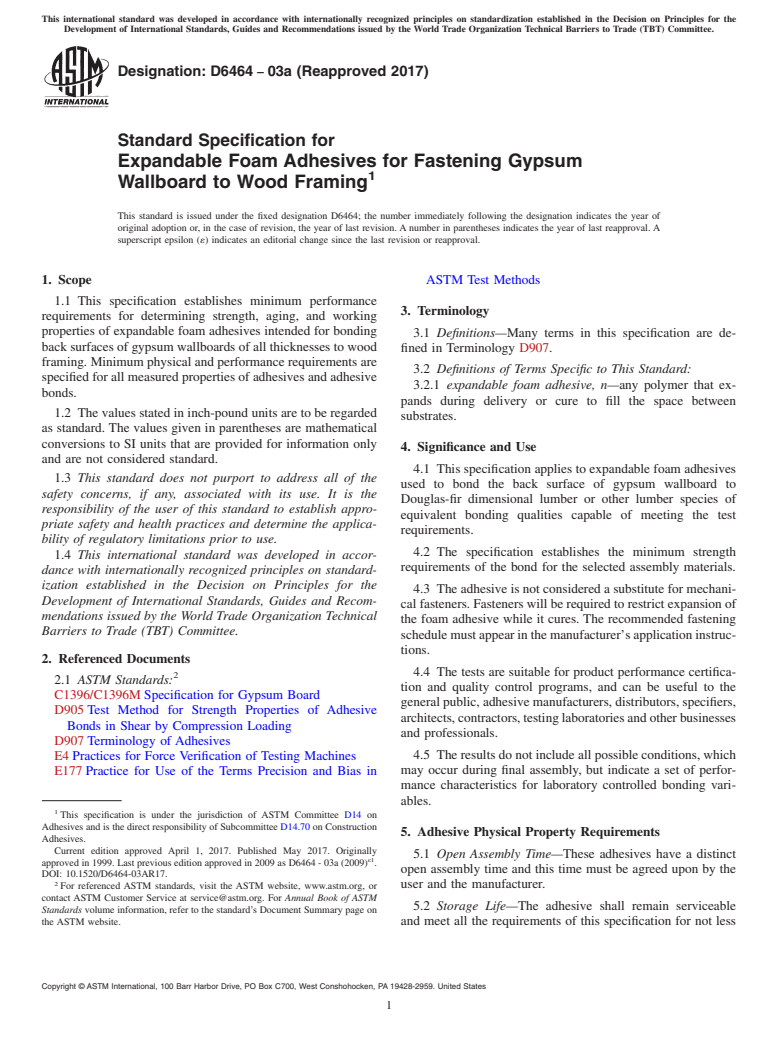 ASTM D6464-03a(2017) - Standard Specification for Expandable Foam Adhesives for Fastening Gypsum Wallboard to  Wood Framing