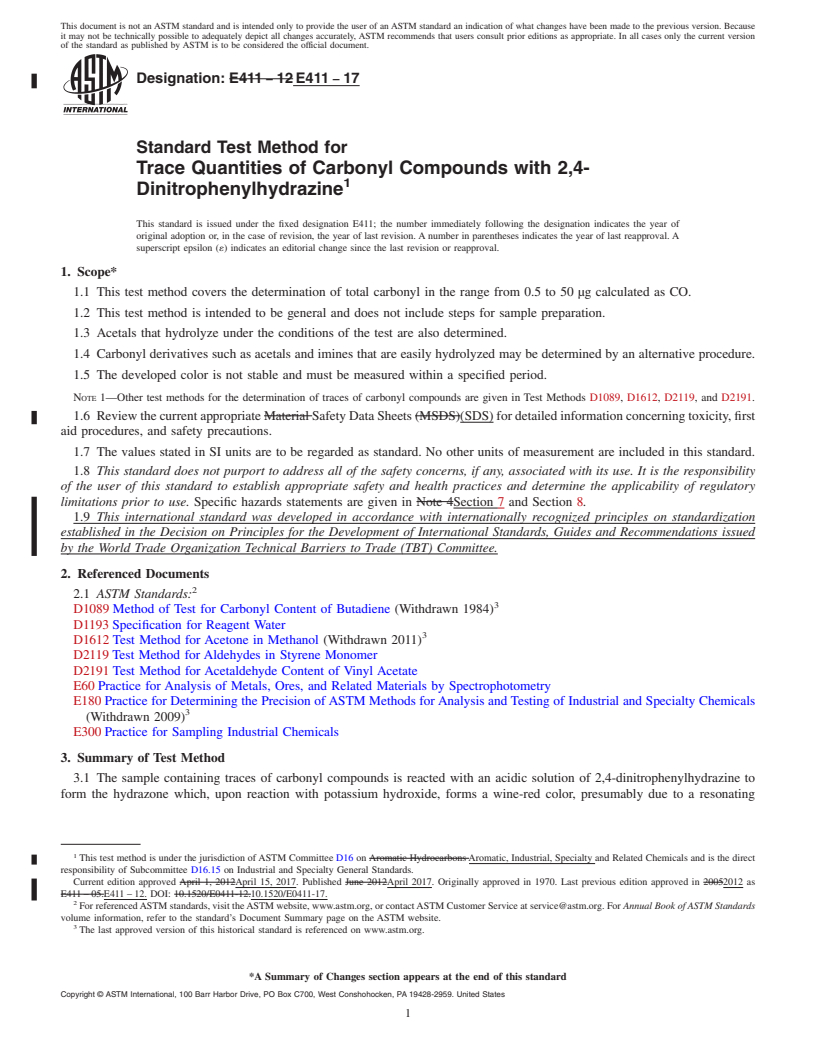 REDLINE ASTM E411-17 - Standard Test Method for Trace Quantities of Carbonyl Compounds with 2,4-Dinitrophenylhydrazine