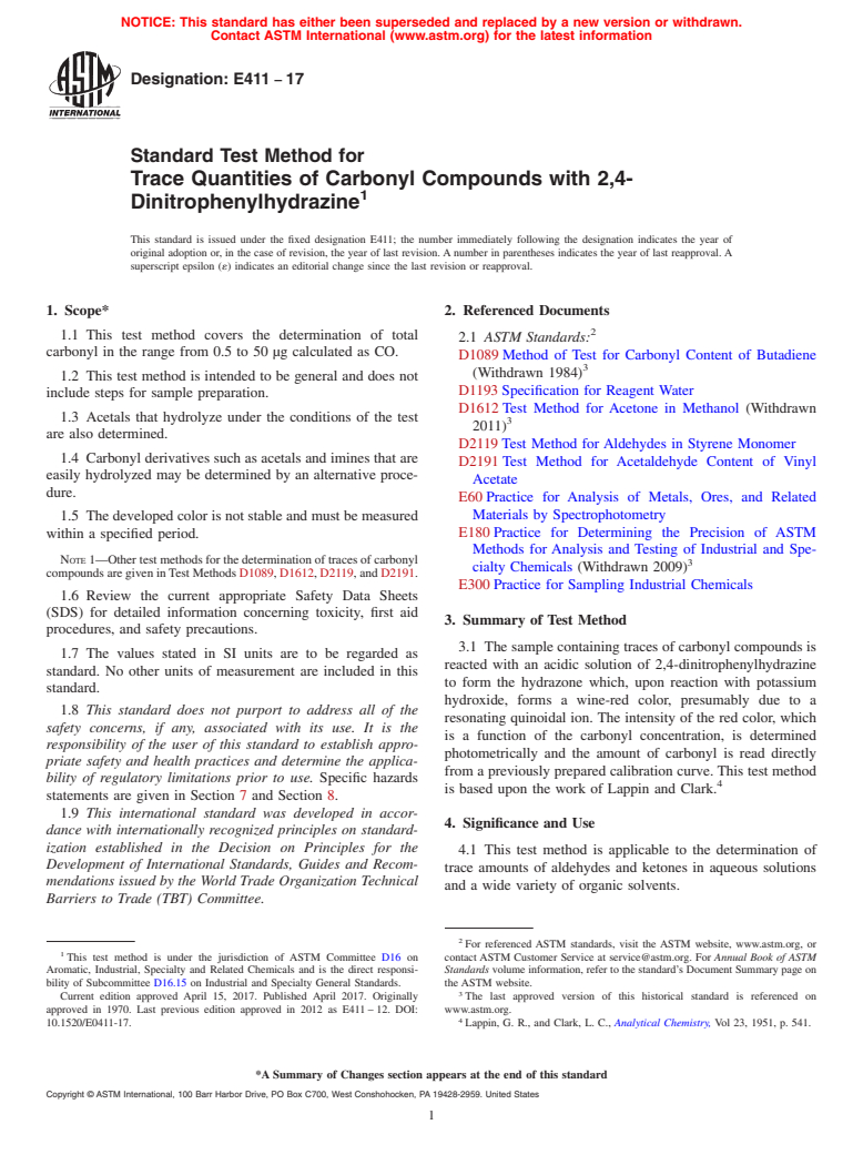 ASTM E411-17 - Standard Test Method for Trace Quantities of Carbonyl Compounds with 2,4-Dinitrophenylhydrazine