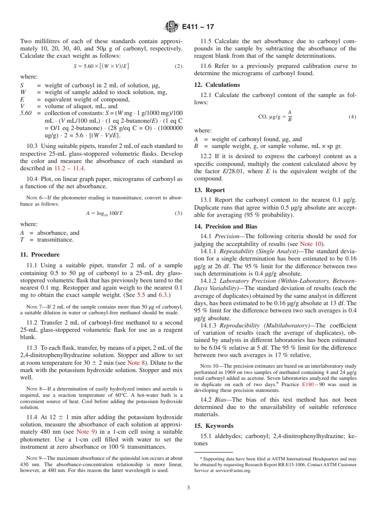 ASTM E411-17 - Standard Test Method for Trace Quantities of Carbonyl Compounds with 2,4-Dinitrophenylhydrazine