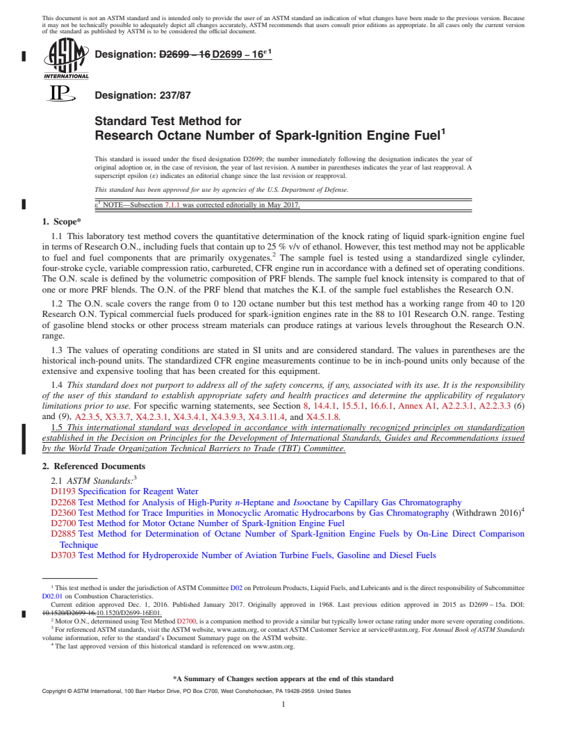 REDLINE ASTM D2699-16e1 - Standard Test Method for Research Octane Number of Spark-Ignition Engine Fuel