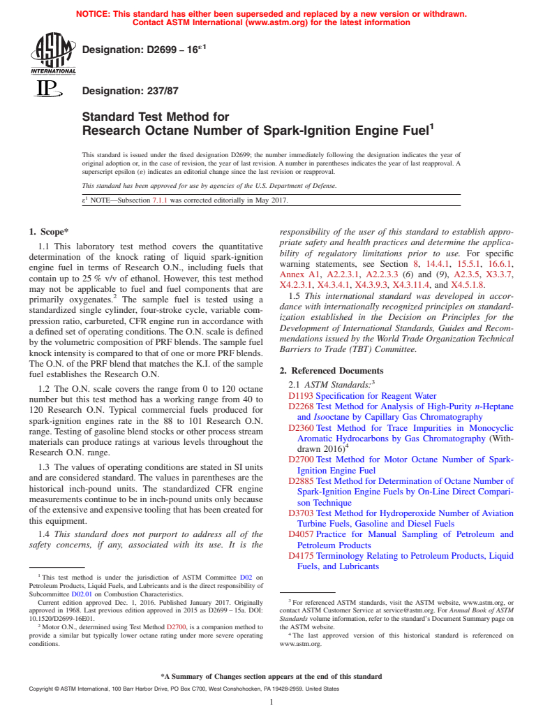 ASTM D2699-16e1 - Standard Test Method for Research Octane Number of Spark-Ignition Engine Fuel