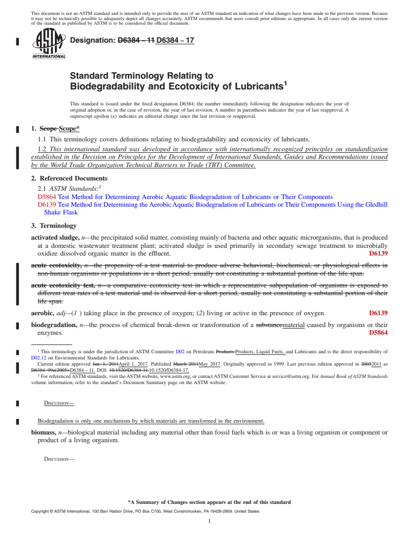 REDLINE ASTM D6384-17 - Standard Terminology Relating to  Biodegradability and Ecotoxicity of Lubricants