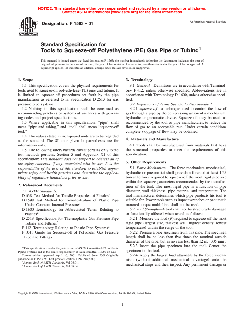 ASTM F1563-01 - Standard Specification for Tools to Squeeze-off Polyethylene (PE) Gas Pipe or Tubing