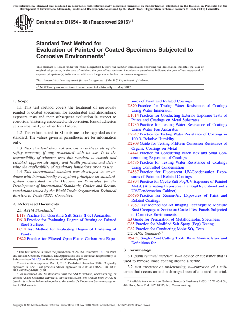 ASTM D1654-08(2016)e1 - Standard Test Method for Evaluation of Painted or Coated Specimens Subjected to Corrosive  Environments