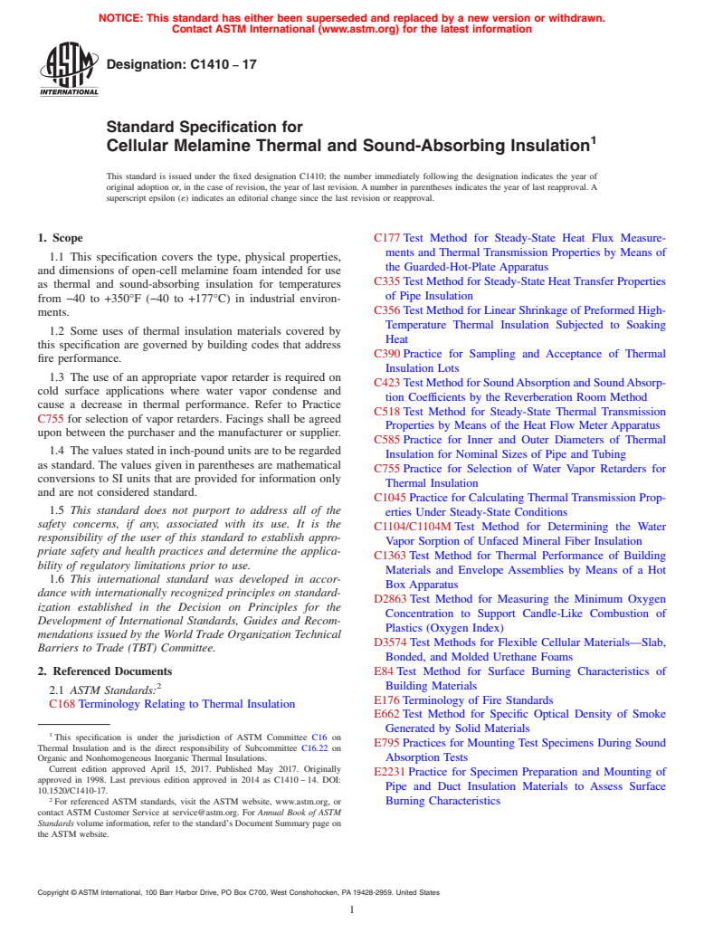 ASTM C1410-17 - Standard Specification for  Cellular Melamine Thermal and Sound-Absorbing Insulation