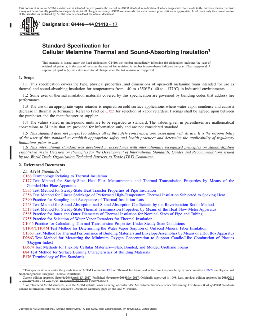 REDLINE ASTM C1410-17 - Standard Specification for  Cellular Melamine Thermal and Sound-Absorbing Insulation