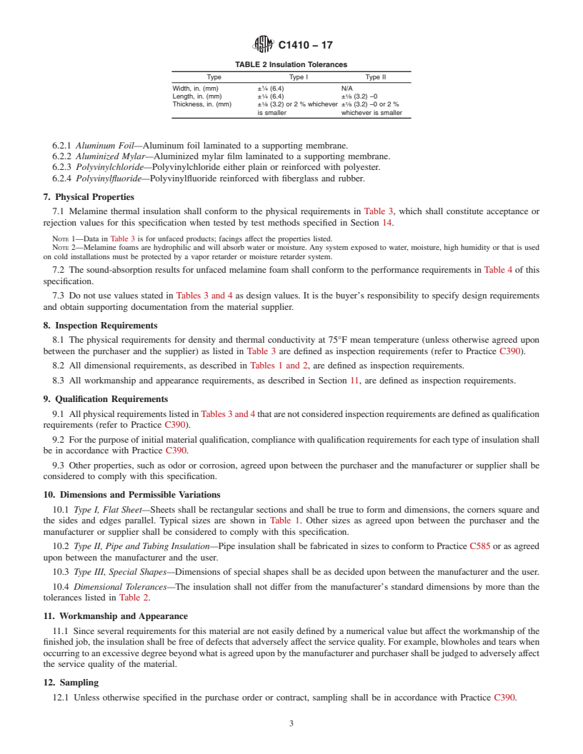 REDLINE ASTM C1410-17 - Standard Specification for  Cellular Melamine Thermal and Sound-Absorbing Insulation