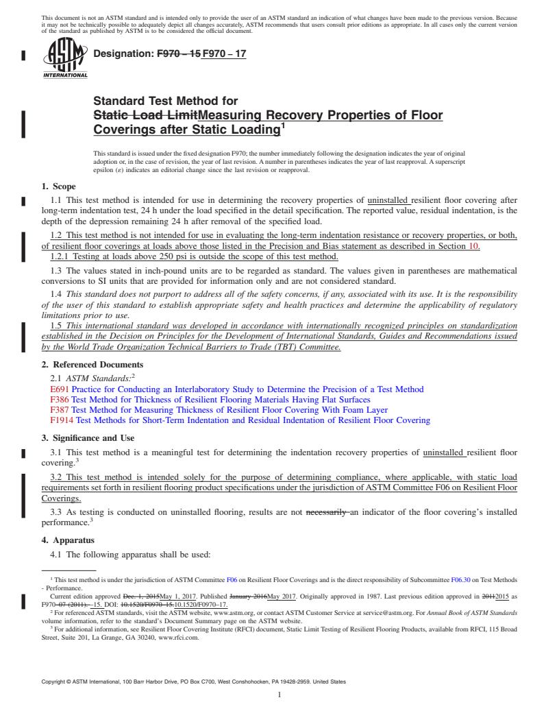 REDLINE ASTM F970-17 - Standard Test Method for  Measuring Recovery Properties of Floor Coverings after Static  Loading