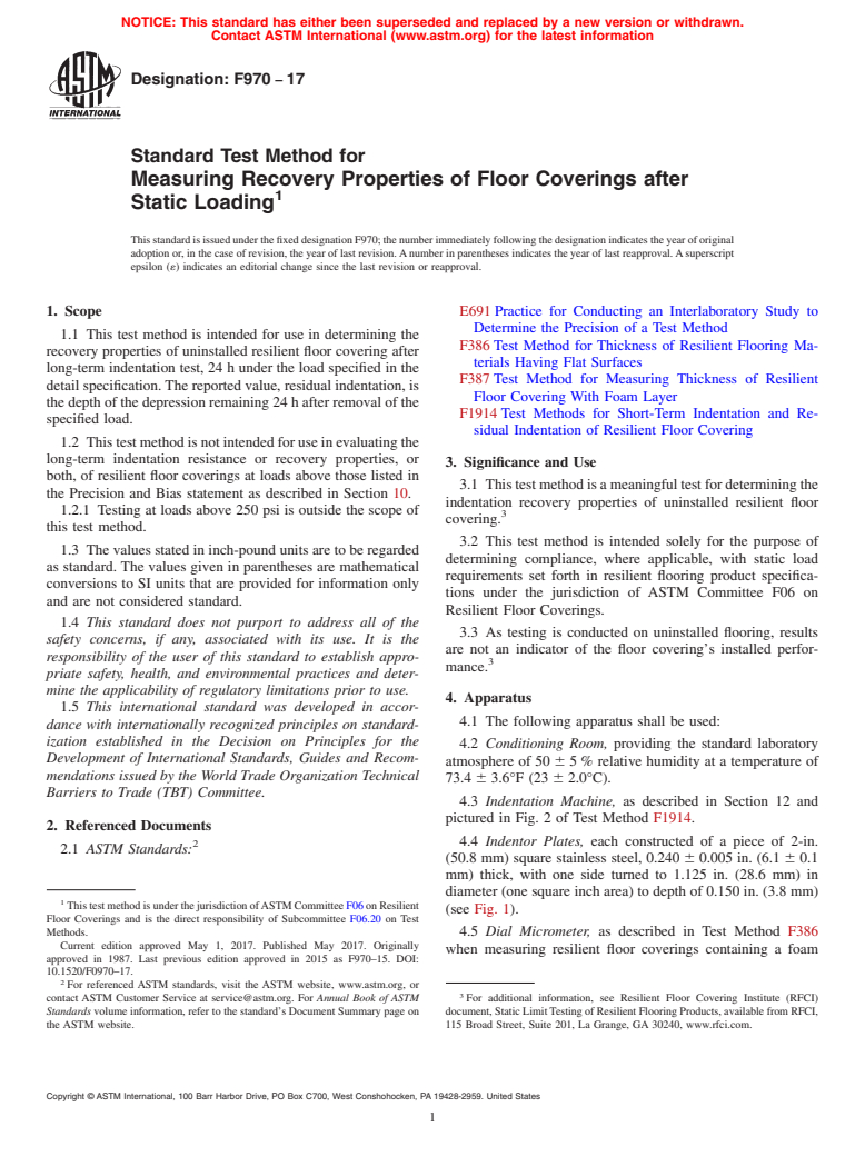 ASTM F970-17 - Standard Test Method for  Measuring Recovery Properties of Floor Coverings after Static  Loading