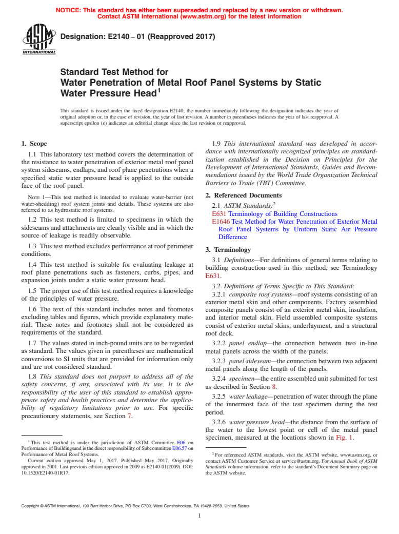 ASTM E2140-01(2017) - Standard Test Method for Water Penetration of Metal Roof Panel Systems by Static Water  Pressure Head