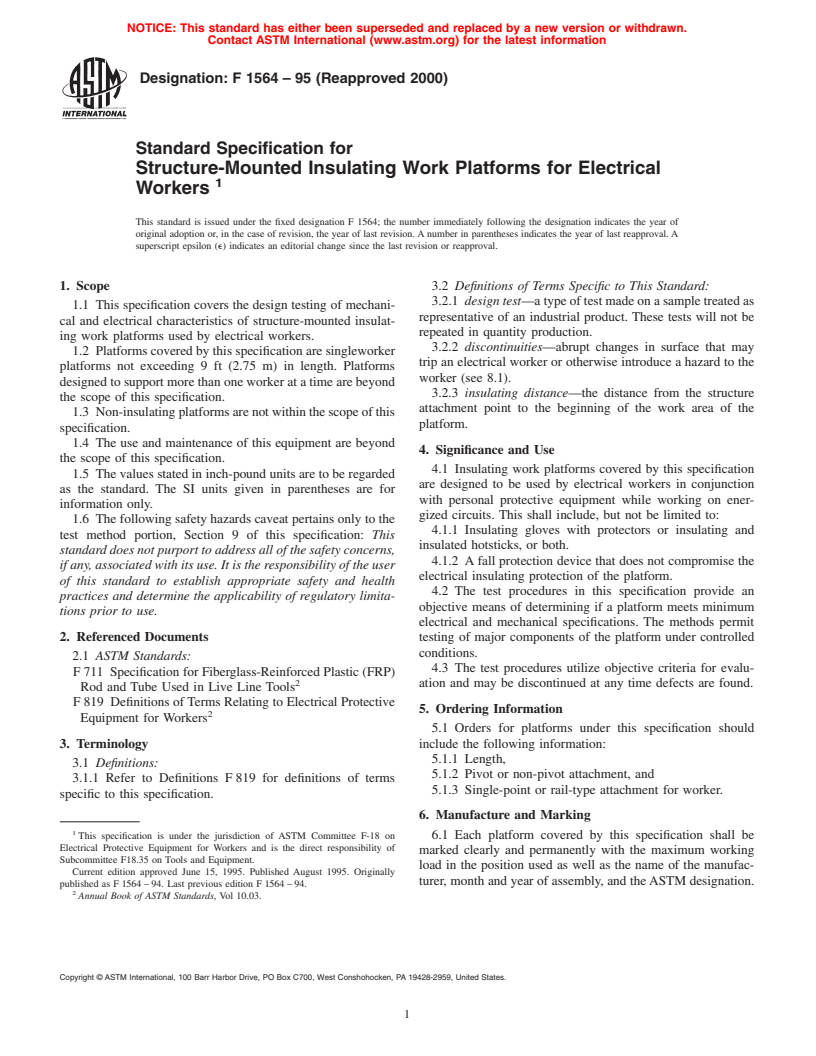 ASTM F1564-95(2000) - Standard Specification for Structure-Mounted Insulating Work Platforms for Electrical Workers