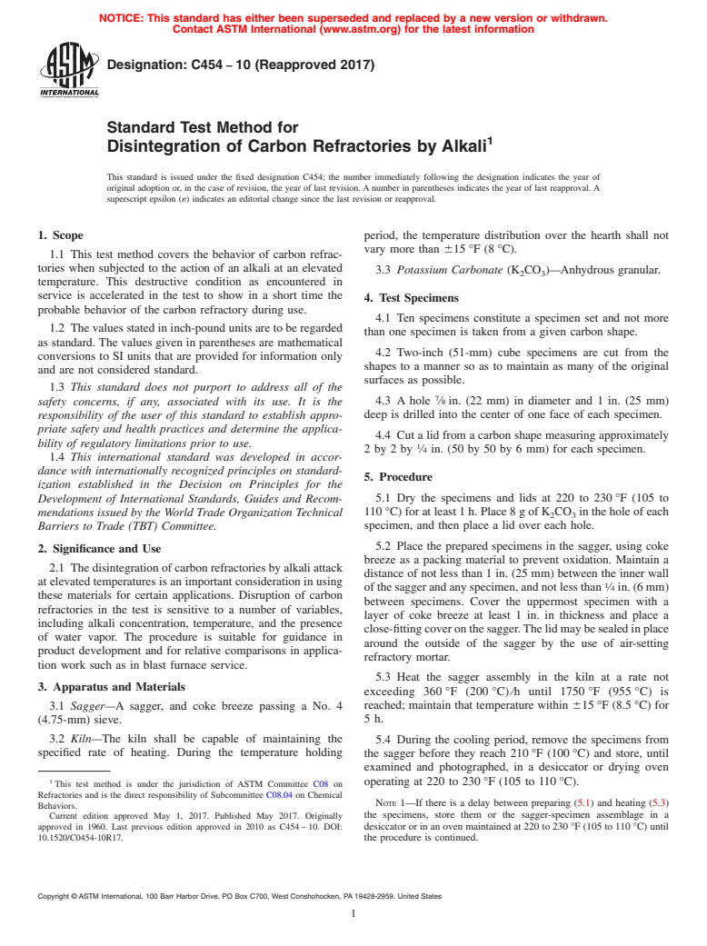 ASTM C454-10(2017) - Standard Test Method for  Disintegration of Carbon Refractories by Alkali