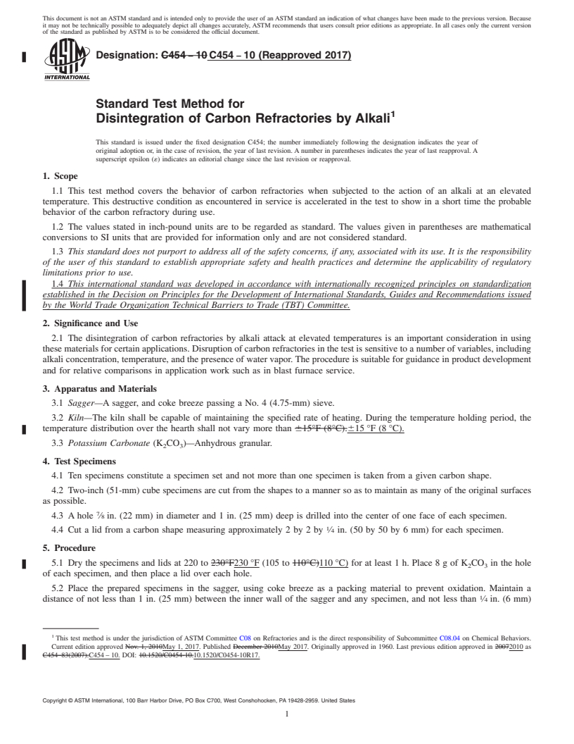 REDLINE ASTM C454-10(2017) - Standard Test Method for  Disintegration of Carbon Refractories by Alkali