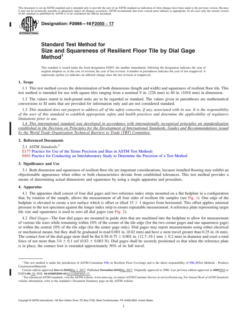 REDLINE ASTM F2055-17 - Standard Test Method for  Size and Squareness of Resilient Floor Tile by Dial Gage Method